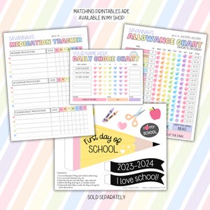 May include: Printable charts for kids in a pastel rainbow color scheme. The charts include a medication tracker, a chore chart, an allowance chart, and a first day of school sign. The charts are designed to help kids stay organized and on track.