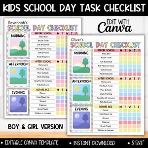 Puede incluir: Una lista de verificación imprimible para que los niños la usen para su día escolar. La lista de verificación está dividida en secciones para la mañana, la tarde y la noche. Cada sección tiene una lista de tareas para completar, como hacer la cama, cepillarse los dientes y empacar una mochila. La lista de verificación está diseñada para ayudar a los niños a mantenerse organizados y en el camino durante todo el día. La lista de verificación está disponible en versiones para niños y niñas. La lista de verificación es editable en Canva y es una descarga instantánea.
