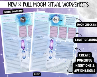 May include: Printable worksheets for new and full moon rituals. The worksheets feature a watercolor background with crystals and moons. The text includes "New Moon Ritual", "Full Moon Ritual", "Full Moon Check List", "Full Moon Tarot Reading", "Moon Check List", "Tarot Reading", "Create Powerful Intentions & Affirmations".