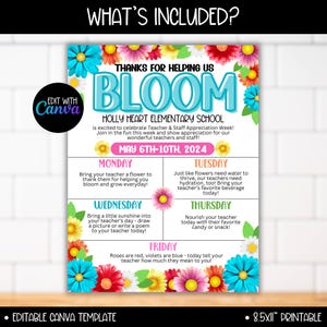 May include: A printable poster with a floral design and the text "Thanks for helping us bloom" and "Holly Heart Elementary School". The poster is a teacher appreciation week calendar with daily activities for students to show their appreciation for their teachers. The activities include bringing flowers, beverages, snacks, and writing poems.