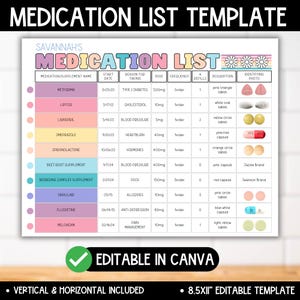 May include: A printable medication list template featuring a colorful table with columns for medication name, start date, reason, dose, frequency, refills, description, and photo. The header reads SAVANNAH'S MEDICATION LIST with daisy icons.