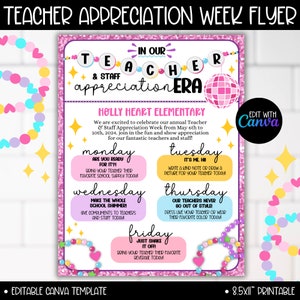 May include: A pink and purple printable flyer with a disco ball graphic and the text "Teacher Appreciation Week Flyer" and "In Our Teacher & Staff Appreciation Era". The flyer lists daily activities for Teacher Appreciation Week, including bringing a favorite school supply, writing a note, giving compliments, dressing up, and bringing a beverage.