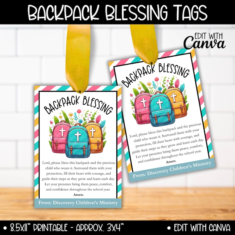 Back to School Backpack Blessing Tag Cards, Sunday School Christian ...
