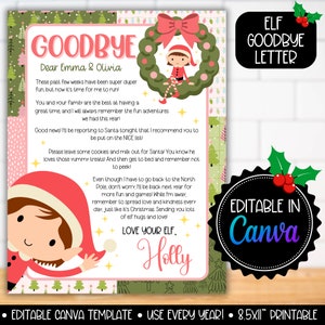 Op de afbeelding: Een afdrukbare Elf Goodbye Letter sjabloon met een feestelijk ontwerp. De brief heeft een roze en groen kleurenschema, een elf-illustratie en de tekst "Goodbye". Het ontwerp bevat de tekst "Editable in Canva" en "8.5x11" Printable."