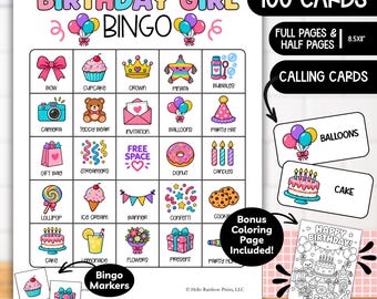 Birthday Girl Bingo Party Game, 100 Printable Girls Birthday Bingo Cards Template, Kids Birthday Party Game, Happy Birthday Coloring Page