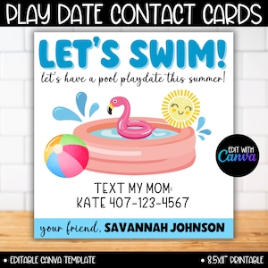 Modelo de cartões para brincadeiras Let's Swim para crianças, cartões Keep In Touch, fim do ano letivo, convite para brincadeiras Rainbow, cartão de contato Summer Calling