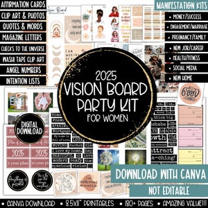 Kit imprimible para fiesta de tablero de visión 2025, tableros de visualización de objetivos de año nuevo, planificador positivo, tablero de manifestación de afirmaciones de dinero empresarial