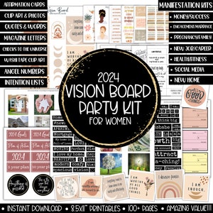 2024 Vision Board Party Kit Girl Boss Goals Vision Mood Board Clipart Images Planner, Affirmations Manifest Vision Board Printables Template