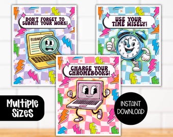Groovy Classroom Posters Bundle, Retro Aesthetic School Bulletin Board Decorations, Chromebook Charging Reminder, Class Management Signs