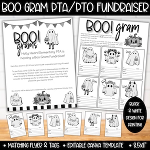 May include: Black and white printable Boo Gram tags featuring a ghost with a pumpkin, a ghost with a flower crown, and a ghost with a devil horn. The tags include space for "To", "From", and a message. The text "BOO! gram" is at the top of the page. The text "BLACK & WHITE DESIGN FOR PRINTING" is at the bottom of the page.