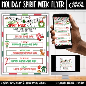 May include: A printable flyer for a holiday spirit week at Holly Heart Elementary School. The flyer features a red, green, and white striped background with a festive wreath and the text "Very Merry Holiday Spirit Week era". The flyer lists daily themes for the week, including "Tinsel Toes Day", "Express Your-Elf Day", "Reindeer Games Day", "Candy Cane Lane Day", and "Let's Get Cozy Day!"