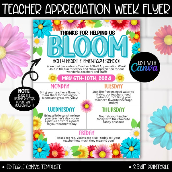Teacher And Staff Appreciation Week Theme Flyer Itinerary, Editable Template PTA PTO Flyers, Bloom Grow Floral Flowers Spring Garden Theme