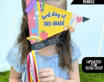 First Day of School Flag Printable Bundle, 2026-2027 Pencil Craft, Back to School Photo Prop, Preschool PreK Kindergarten Grade Signs
