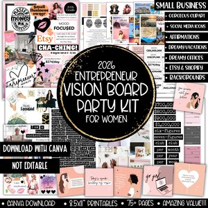 Festa con bacheca dei desideri per piccole imprese 2026, Planner degli obiettivi di Capodanno per ragazze boss, Mood board di affermazione manifesta, Immagini stampabili per bacheche dei desideri