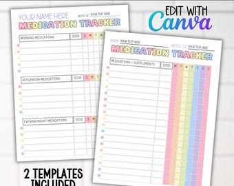 Può includere: Due modelli stampabili per il monitoraggio di farmaci e integratori con intestazioni e griglie color pastello. I fogli presentano campi per nome, settimana e caselle di controllo giornaliere. Il testo riporta Medication Tracker e Edit With Canva.