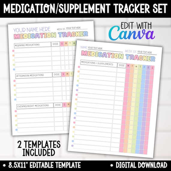Medication Tracker Log Chart, Kids Medicine Schedule, Editable Health Planner, Pill Vitamin Tracking List, Supplement Calendar Template