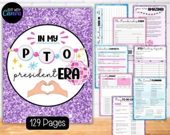 May include: A purple glitter-textured binder with the text "IN MY PTO president ERA" and a disco ball graphic. Includes 129 pages of editable PTO planning forms, including a membership form, agenda, and weekly planner.