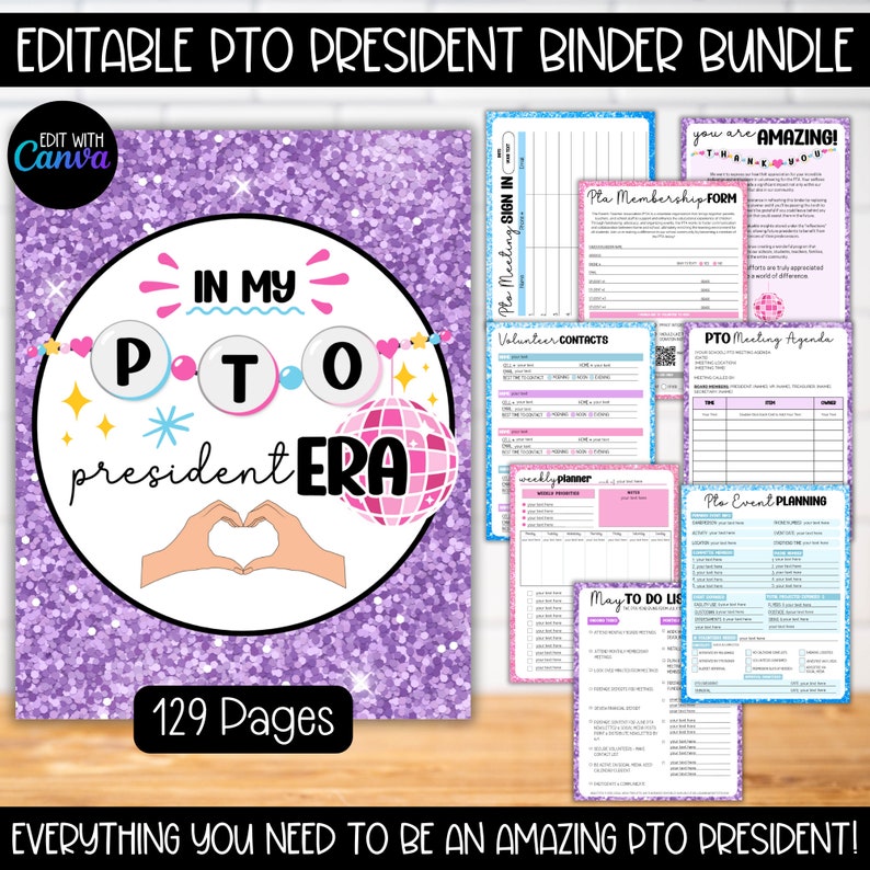 Editable in My PTO President Era Binder Planner Bundle, Pop Star PTO ...