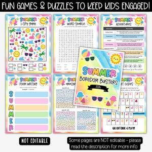 May include: A collection of colorful summer-themed activity pages for kids, including an I-Spy game, word search, adventure prompts, poem writing, mazes, and a code-breaking activity. The cover reads "Summer Boredom Busters 2026". The pages feature illustrations of sunglasses, ice cream, and sunshine.