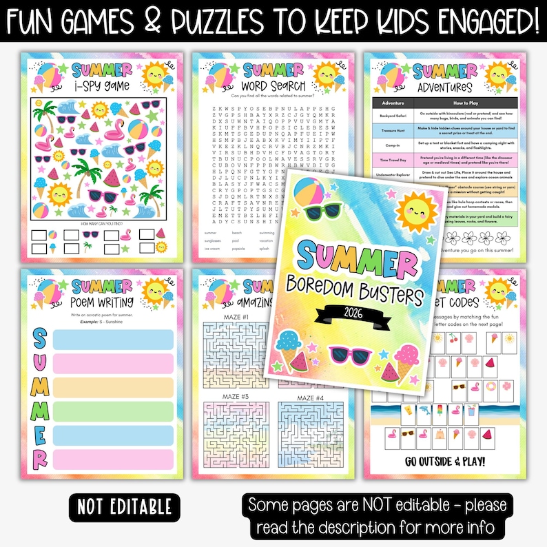 May include: A collection of colorful summer-themed activity pages for kids, including an I-Spy game, word search, adventure prompts, poem writing, mazes, and a code-breaking activity. The cover reads "Summer Boredom Busters 2026". The pages feature illustrations of sunglasses, ice cream, and sunshine.