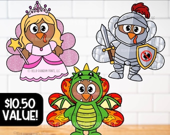 Disguise the Turkey Fairytale Printable Craft Bundle, Princess Knight Dragon Coloring Turkey in Disguise Worksheet, Thanksgiving Activity