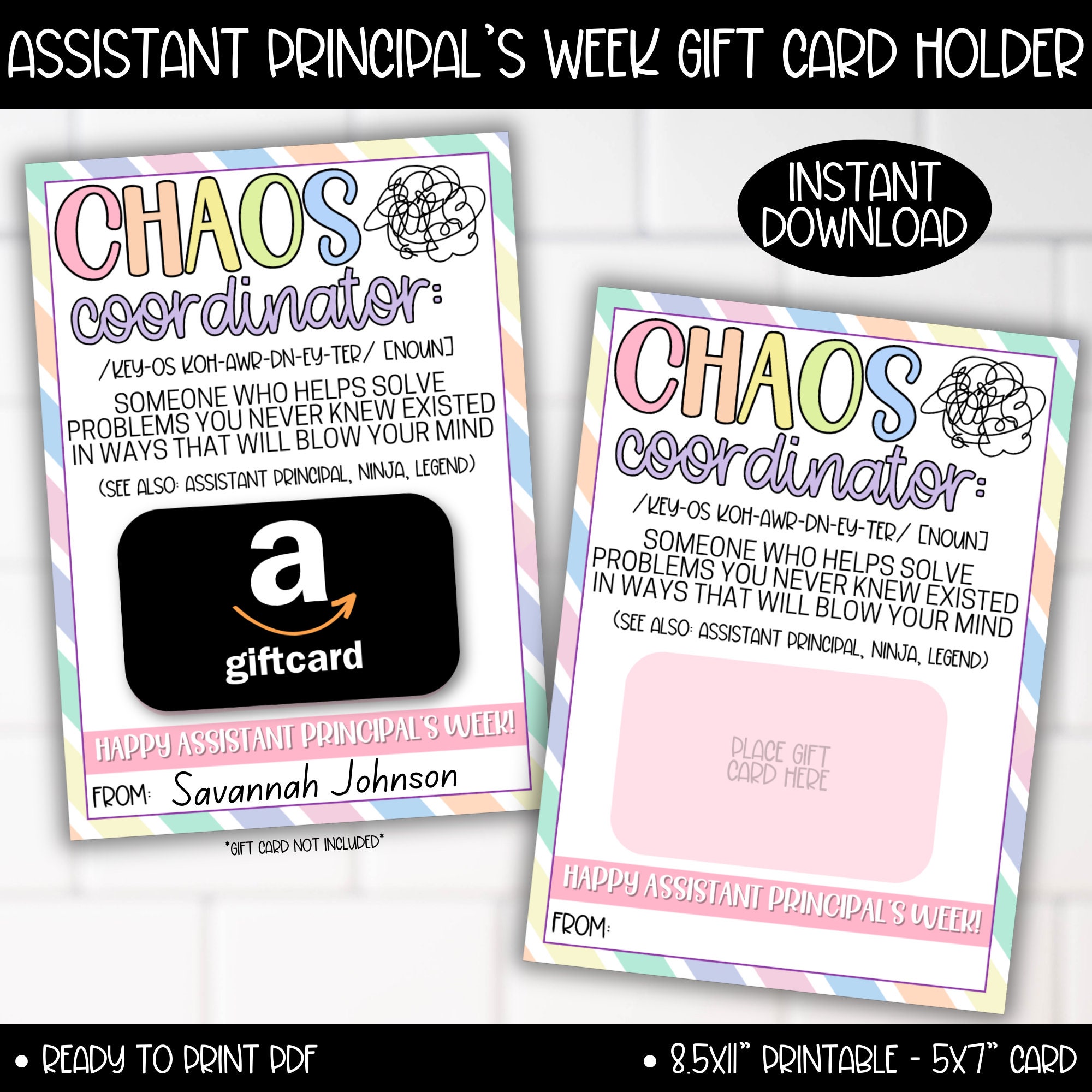 Assistant Principal Week Gift Card Holder, Happy National Assistant Principal Appreciation Week Gift Tag, Chaos Coordinator Printable Card