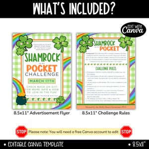 May include: Editable Canva template for a Shamrock in My Pocket Challenge. The template includes a flyer and challenge rules. The flyer is green with shamrocks and rainbows. The challenge rules are on a white background with green shamrocks. The text on the flyer says "Shamrock in My Pocket Challenge" and "March 17th". The text on the challenge rules says "Shamrock in My Pocket Challenge Rules".