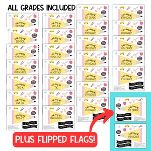Puede incluir: Un conjunto de banderines de fin de curso. Cada bander&iacute;n presenta un dise&ntilde;o de l&aacute;piz con texto que indica el grado escolar, desde guarder&iacute;a hasta 12&ordm; grado. Los banderines incluyen el texto "Last Day of School" y "Summer is here 2025-2026".