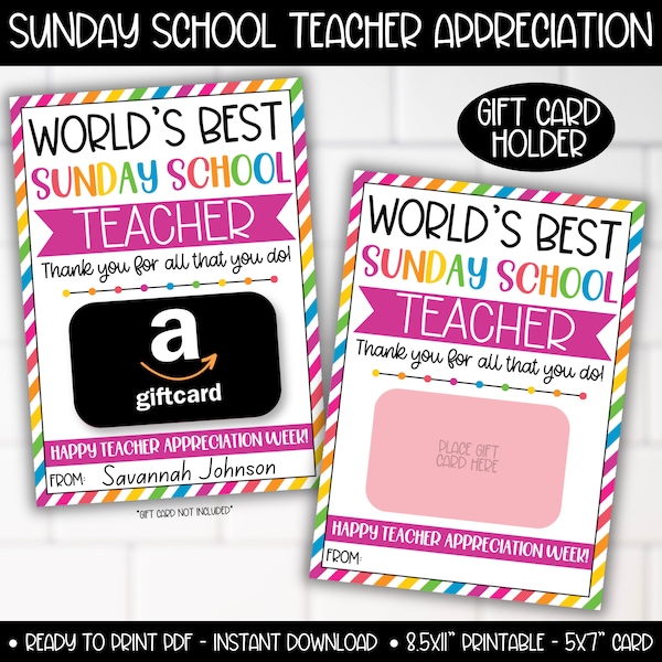 Sunday School Church Teacher Appreciation Week Gift Card Holder, Christian Teacher Thank you Gifts, World's Best Sunday School Teacher Card