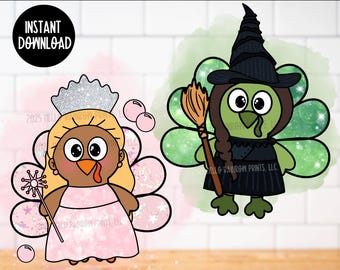 May include: A digital download featuring two cartoon turkeys in costume. One turkey is dressed as a princess in a pink dress with a silver crown and a wand. The other turkey is dressed as a witch in a black dress and hat, holding a broom. The text reads "DISGUISE A TURKEY BUNDLE."
