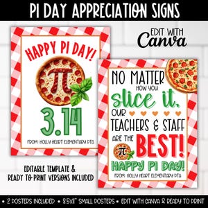 Könnte beinhalten: Zwei druckbare Poster im Format 8,5 x 11 Zoll mit einem rot-weiß karierten Hintergrund. Das erste Poster lautet "Happy Pi Day!" mit einem Pizza-förmigen Pi-Symbol und der Zahl 3,14. Das zweite Poster lautet "Egal wie du es schneidest, unsere Lehrer und Mitarbeiter sind die Besten! Happy Pi Day!" mit einer Pizza und einem Pi-Symbol. Beide Poster lauten "Von der Holly Heart Elementary PTA".
