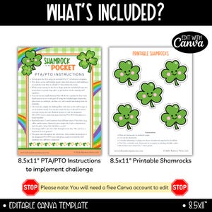 May include: Printable shamrock cutouts with a smiling face and a green, white, and rainbow background. The printable shamrocks are 8.5x11 inches and can be used for a classroom activity or party. The image also includes instructions for a shamrock in my pocket activity.