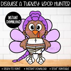 Disguise the Turkey Kpop Hunter Printable Craft Kit, Rumi Coloring Turkey in Disguise Worksheet, Thanksgiving Activity Crafts for Kids
