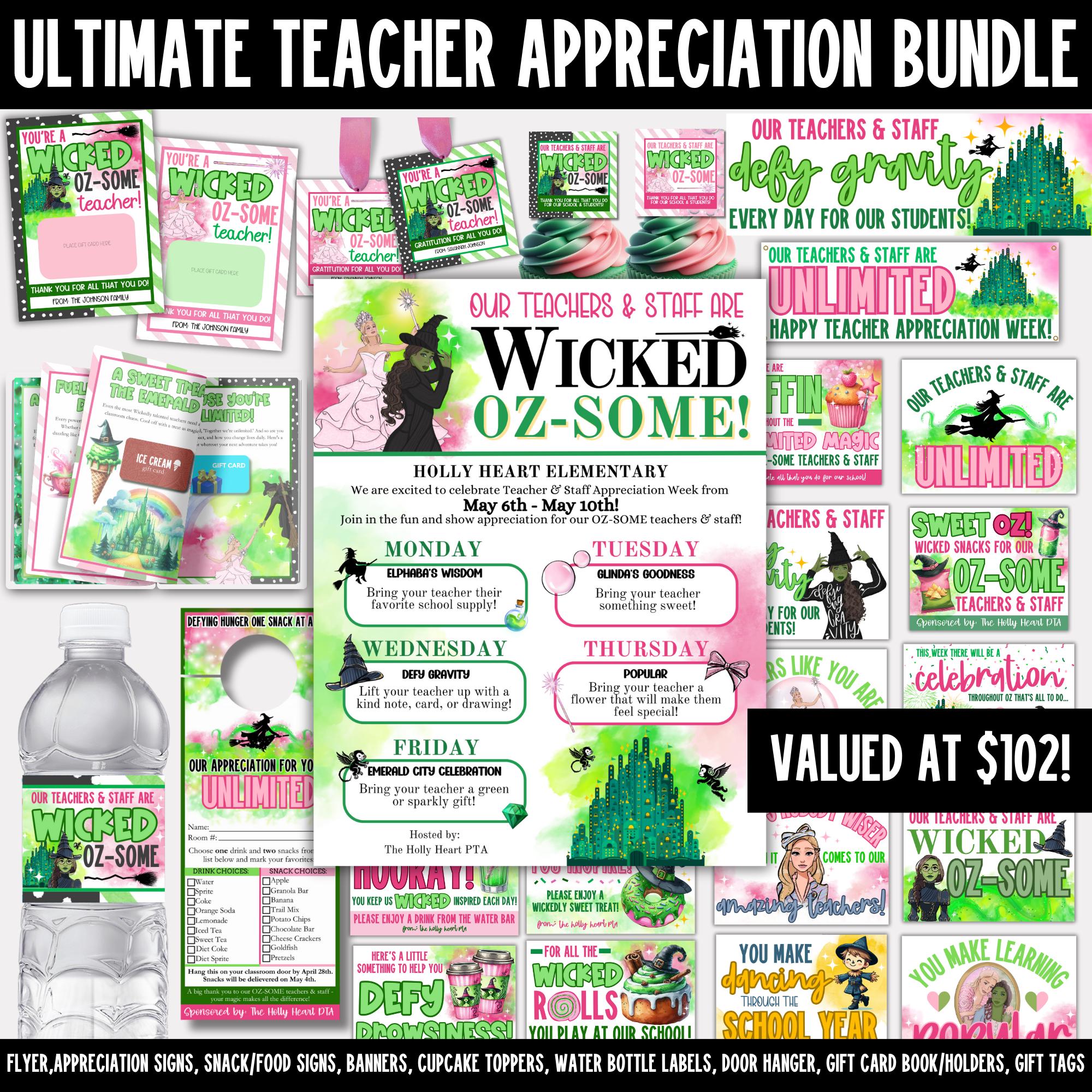 Wicked Teacher Staff Appreciation Week Theme Flyer Poster Sign Game Bundle, TAW Gift Card Holder Tags, Door Hanger Snack Cart Bulletin Board