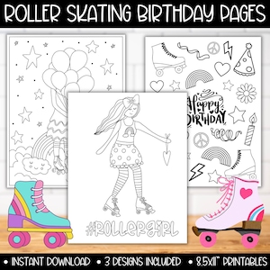 May include: Three black and white printable coloring pages featuring roller skating themes. The first page shows a girl roller skating with a heart, the second page shows a girl roller skating with balloons and a rainbow, and the third page shows a roller skate with a heart and a rainbow.