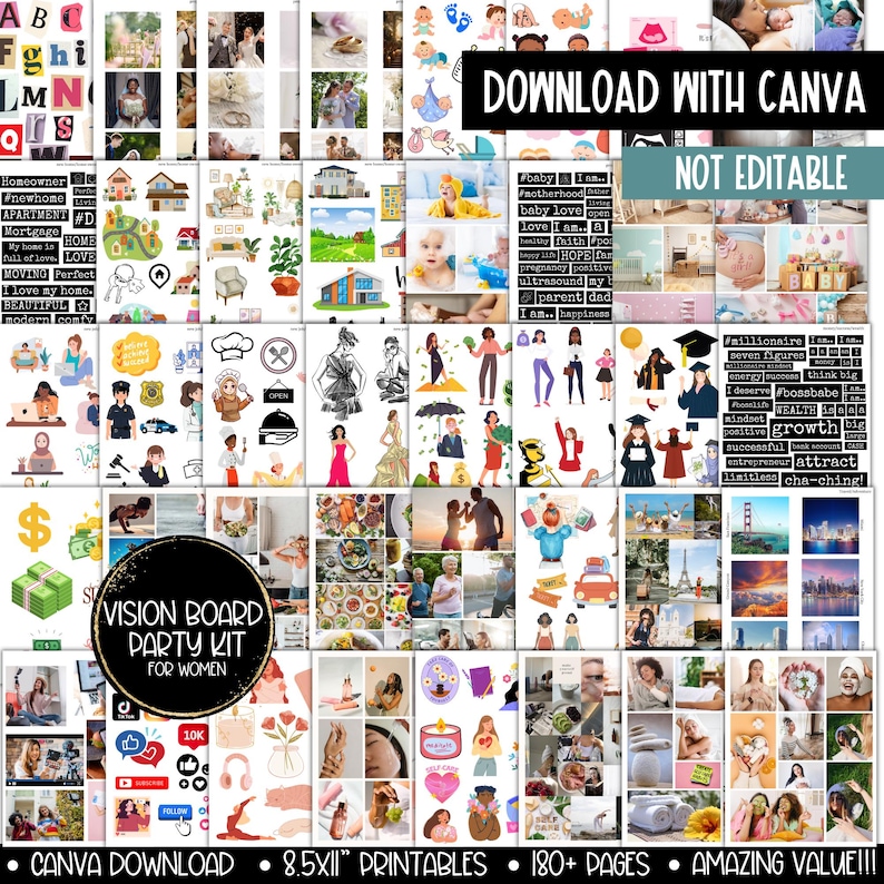 Kit per feste con bacheca visionaria 2026, stampabile per donne, modello per pianificatore di bacheca degli obiettivi di Capodanno, immagini clipart per bacheca delle affermazioni dell'umore immagine 9