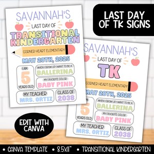 Op de afbeelding: Twee borden voor de laatste dag van de overgangskleuterschool. De borden zijn wit met tekst in verschillende kleuren, waaronder roze, blauw en geel. De borden bevatten de naam "Savannah's", de datum en andere details.