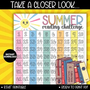 May include: A colorful summer reading challenge printable with a sun illustration and the text "Summer Reading Challenge." The chart has numbered boxes from 1 to 66, with a stack of books on the right. Includes "Instant Download" and "Ready to Print PDF."