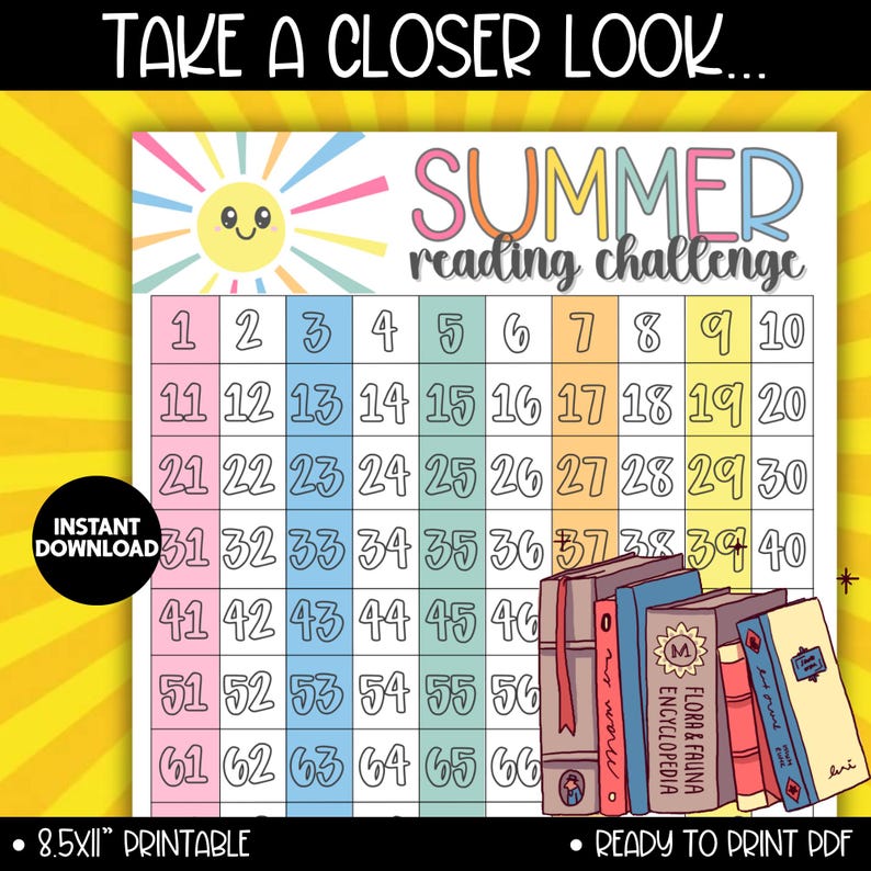 May include: A colorful summer reading challenge printable with a sun illustration and the text "Summer Reading Challenge." The chart has numbered boxes from 1 to 66, with a stack of books on the right. Includes "Instant Download" and "Ready to Print PDF."