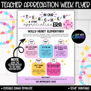Teacher And Staff Appreciation Week Pop Star Theme Flyer, Editable Canva Template PTA PTO Event Flyer, In my Era Inspired Themes Ideas