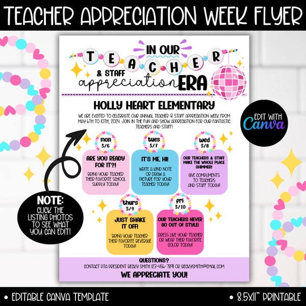 Teacher And Staff Appreciation Week Theme Flyer, Editable Canva Template PTA PTO Event Flyer, In my Era Taylor Inspired Themes Ideas