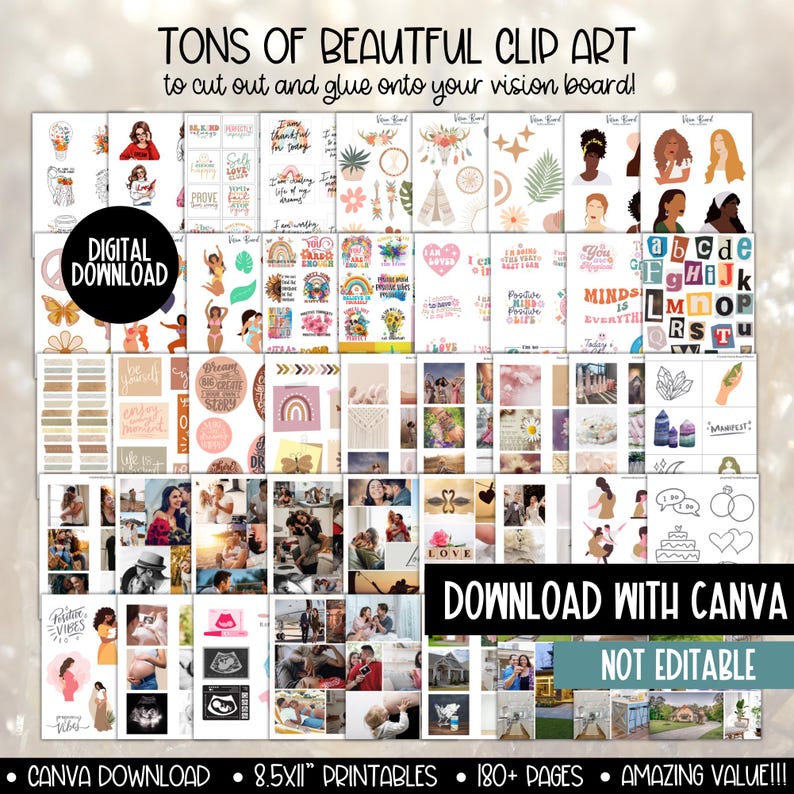 Kit per feste con bacheca visionaria 2026, stampabile per donne, modello per pianificatore di bacheca degli obiettivi di Capodanno, immagini clipart per bacheca delle affermazioni dell'umore immagine 10