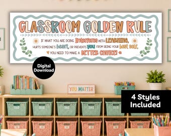 Boho Classroom Golden Rule Banner, Behavior Expectations Chart, Preschool Kindergarten Class Rules Sign, Groovy Boho Classroom Decor Theme