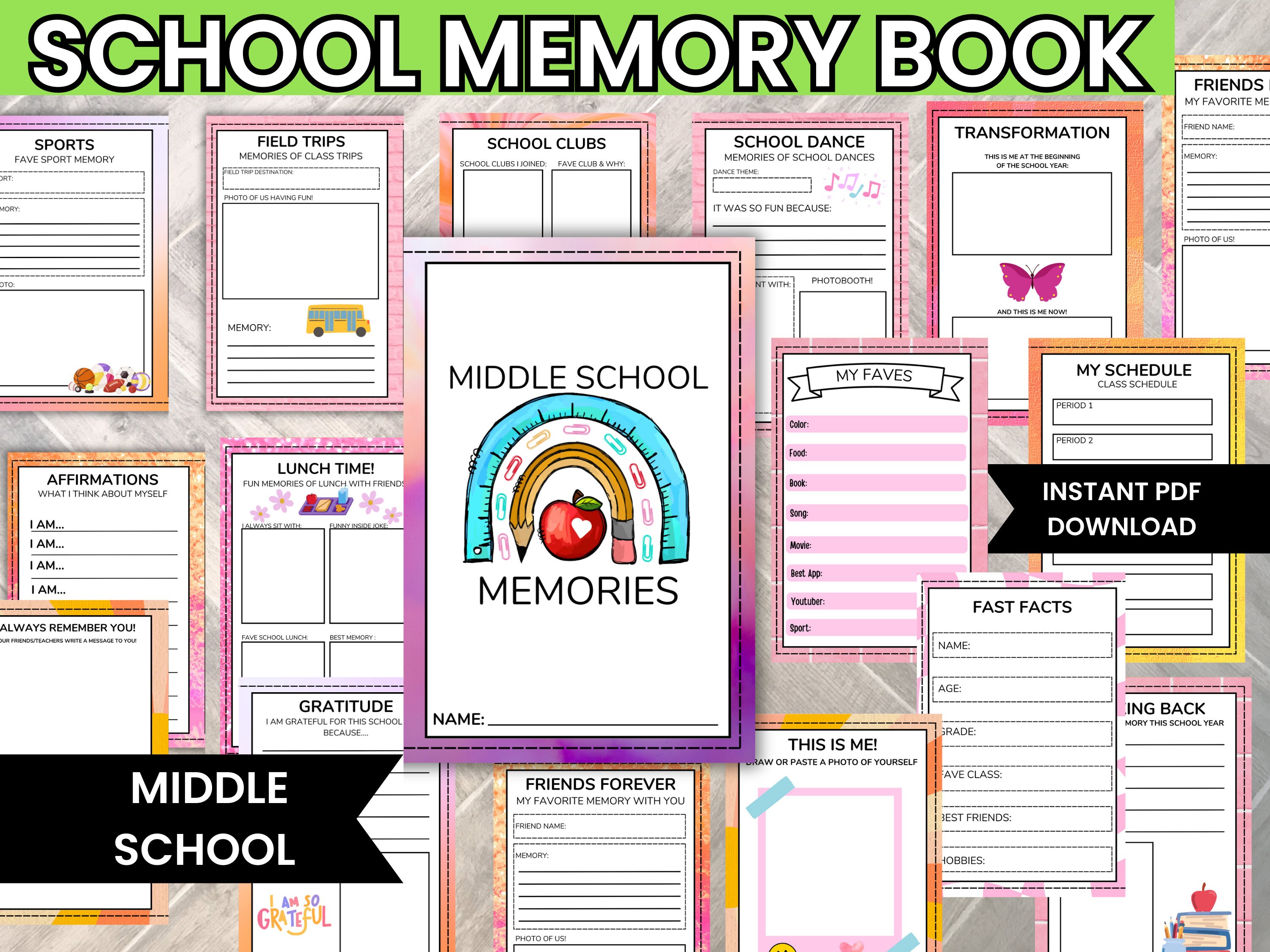 Middle School Memory Journal | INSTANT DOWNLOAD Printable 8th Grade Graduation | School Memory Box  | Last Day of School Yearbook Craft