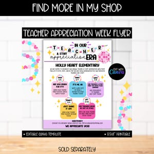 May include: A pink and blue printable flyer with a disco ball graphic for Teacher Appreciation Week. The flyer includes a schedule of activities for each day of the week, such as "Are you ready for it?" and "Just shake it off!" The flyer is editable in Canva and is 8.5x11 inches.