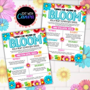 May include: A printable sign with a floral design and the text "Thanks for helping us bloom" and "Holly Heart Elementary School". The sign is a teacher appreciation week calendar with daily suggestions for students to show their appreciation for their teachers. The calendar includes suggestions like bringing a flower, a beverage, or a snack.