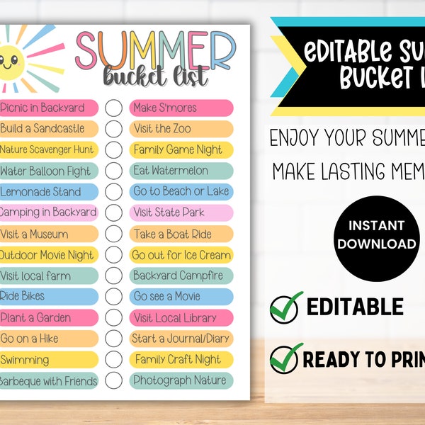 Liste de seaux modifiables pour enfants d’été imprimables | Modèle de liste de seau de vacances d’été personnalisé | Liste de contrôle des activités amusantes d’été | Liste des choses à faire en été