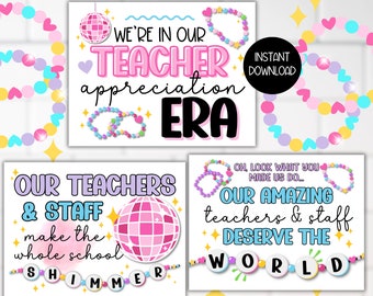 Teacher Staff Appreciation Week Pop Star Theme Poster Printable, Friendship Bracelet Event Lounge Breakroom Decor, In my Teacher Era Signs