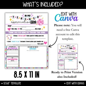 May include: Printable teacher appreciation card with a pink, blue, and green color scheme. The card features a disco ball, hearts, and the text "In My Teacher Appreciation Era". The card is 8.5 x 11 inches and can be edited using Canva.