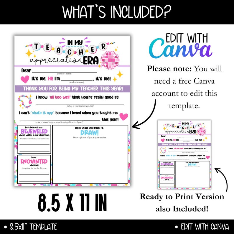 May include: Printable teacher appreciation card with a pink, blue, and green color scheme. The card features a disco ball, hearts, and the text "In My Teacher Appreciation Era". The card is 8.5 x 11 inches and can be edited using Canva.